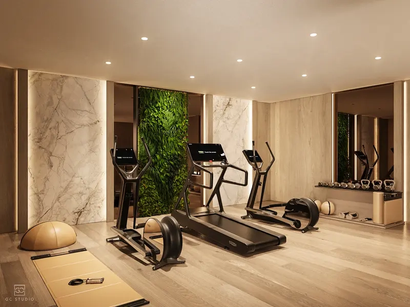 Ett privat, fullt utrustat wellnessområde för att upprätthålla din träningsrutin hemma.