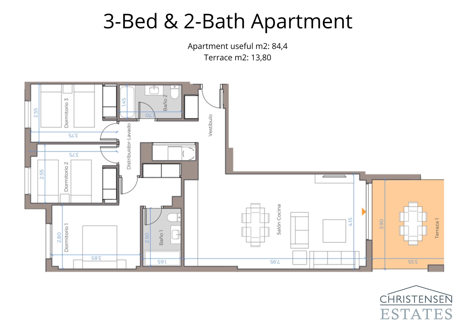 Rymlig lägenhetslayout med tre sovrum, designad för komfort och funktionalitet med direkt tillgång till utomhusutrymme.