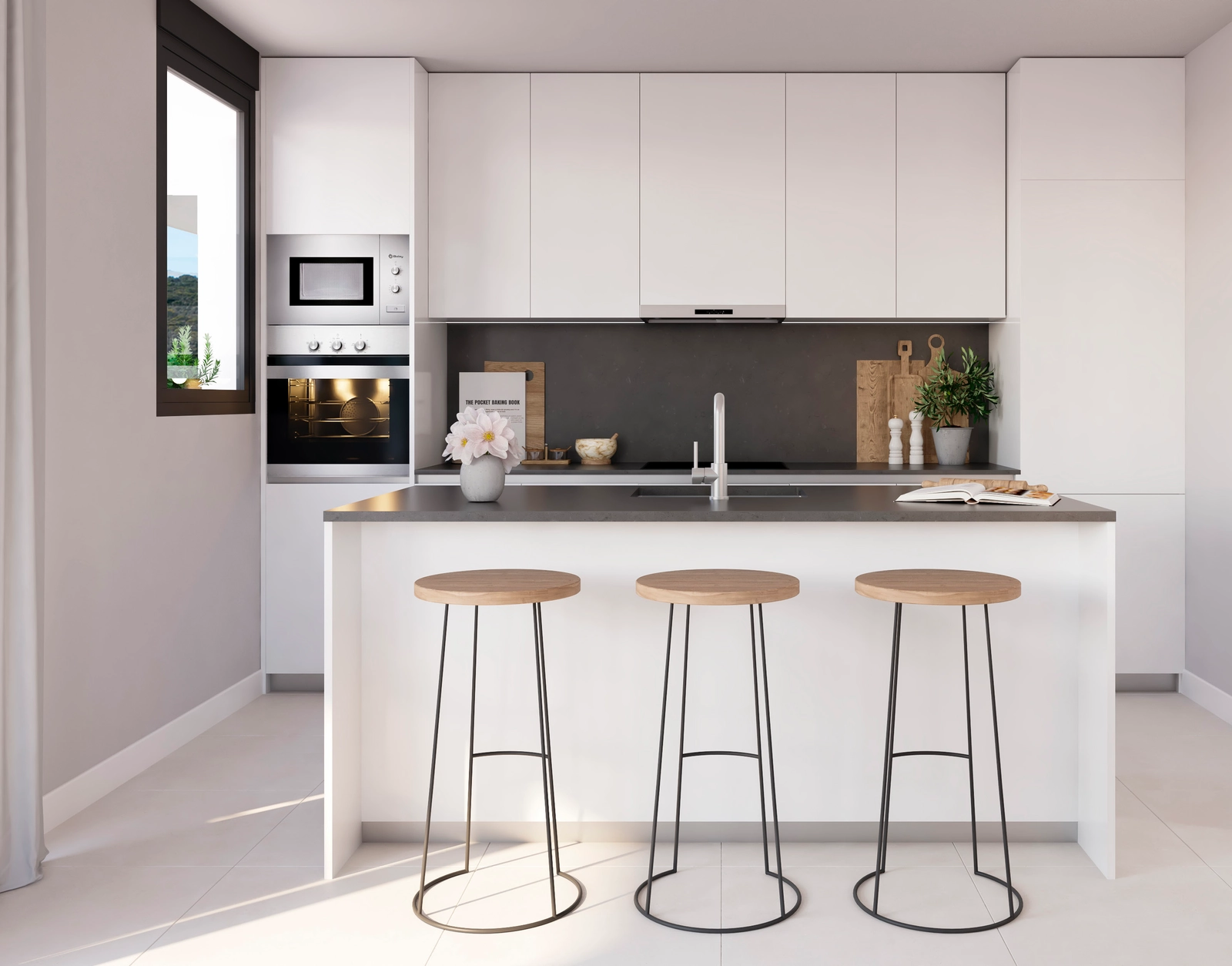 Moderna kök med öppen planlösning är fullt utrustade med högkvalitativa, energieffektiva vitvaror.