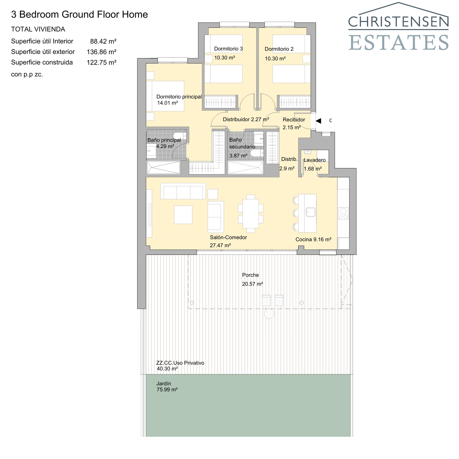 Denna planlösning med tre sovrum erbjuder gott om plats för familjer, med ett generöst vardagsrum/matplats och direkt tillgång till en privat veranda och trädgård.