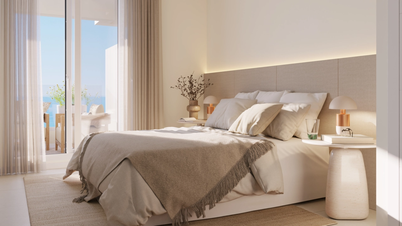 Master sovrummet erbjuder en rofylld tillflyktsort med direkt tillgång till terrassen.