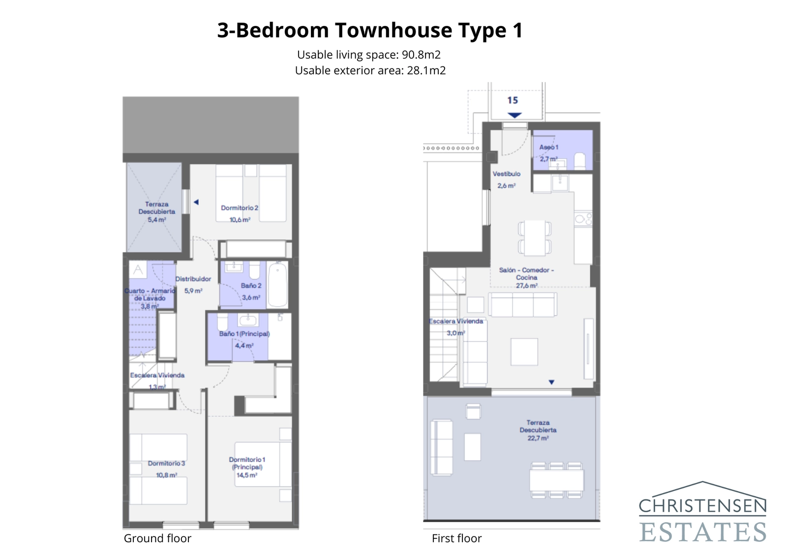Planlösning för ett radhus med tre sovrum, som visar en intelligent layout med öppen planlösning och en generös terrass.