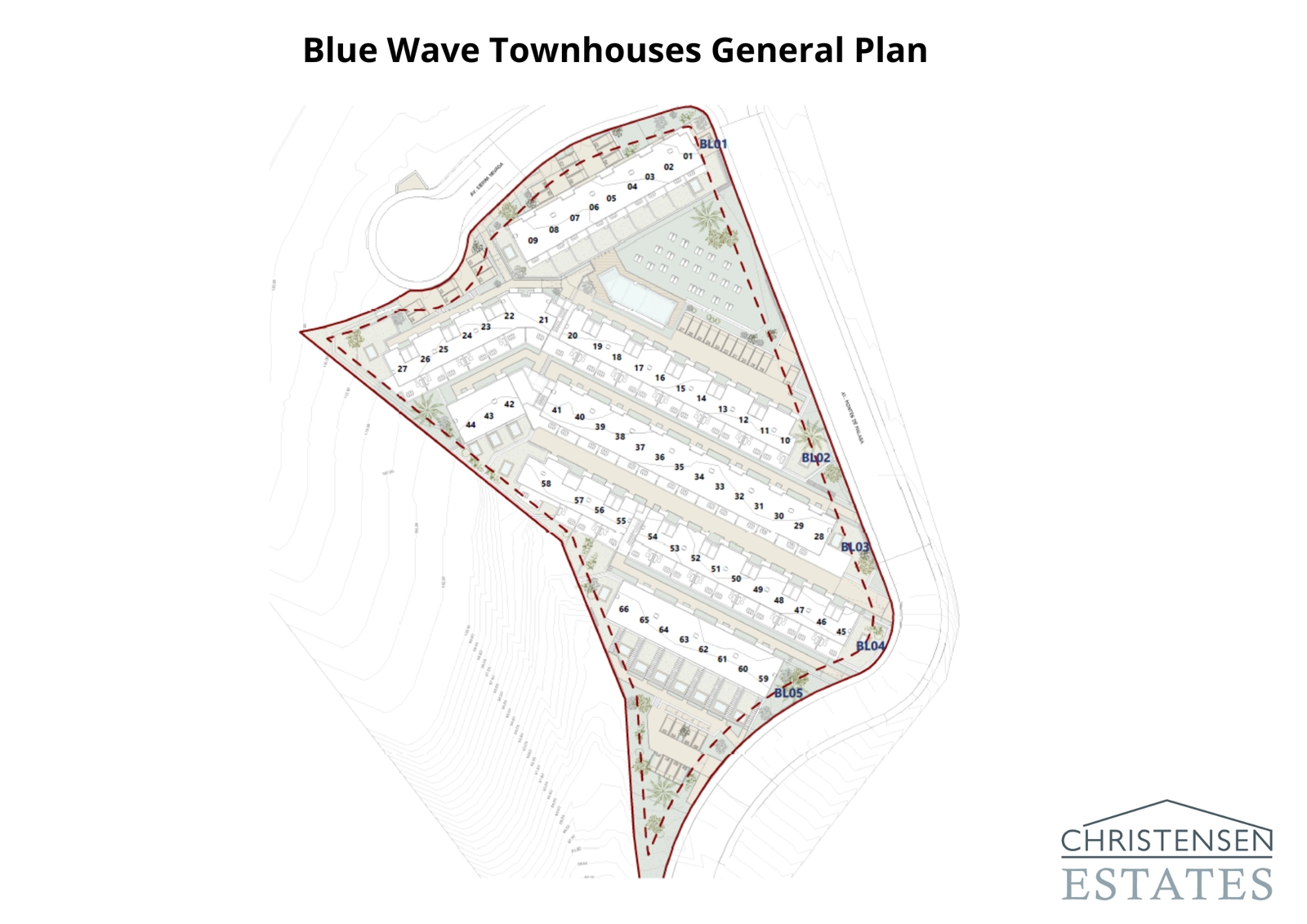 Communityns platsplan illustrerar den genomtänkta placeringen av radhusen för att säkerställa avskildhet och optimera den vackra havsutsikten för de boende.