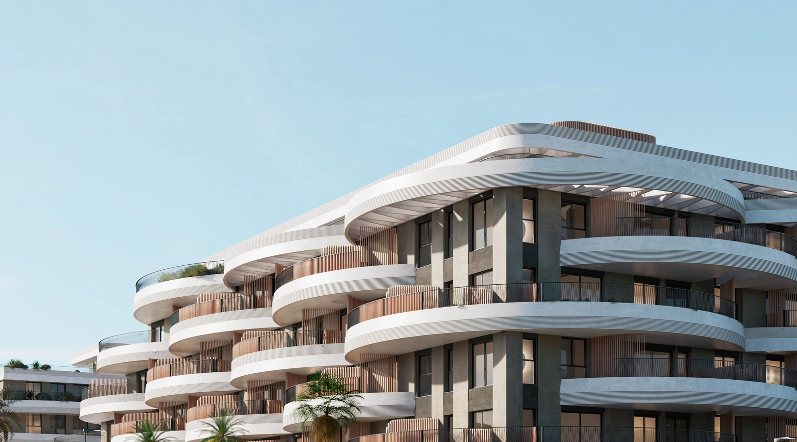 Byggnadens unika, flödande arkitektur kombinerar modern estetik med naturliga element.