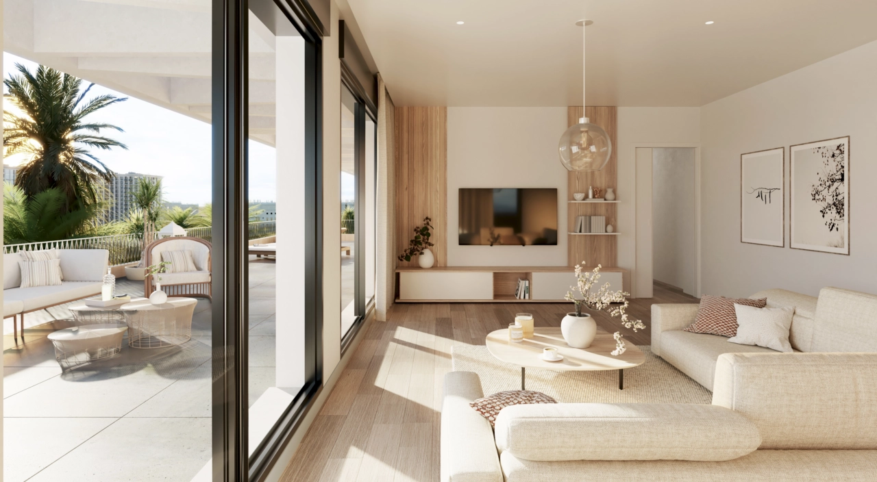Ett ljust och välkomnande vardagsrum som smidigt ansluter till en rymlig privat terrass, perfekt för att njuta av Costa del Sols klimat.