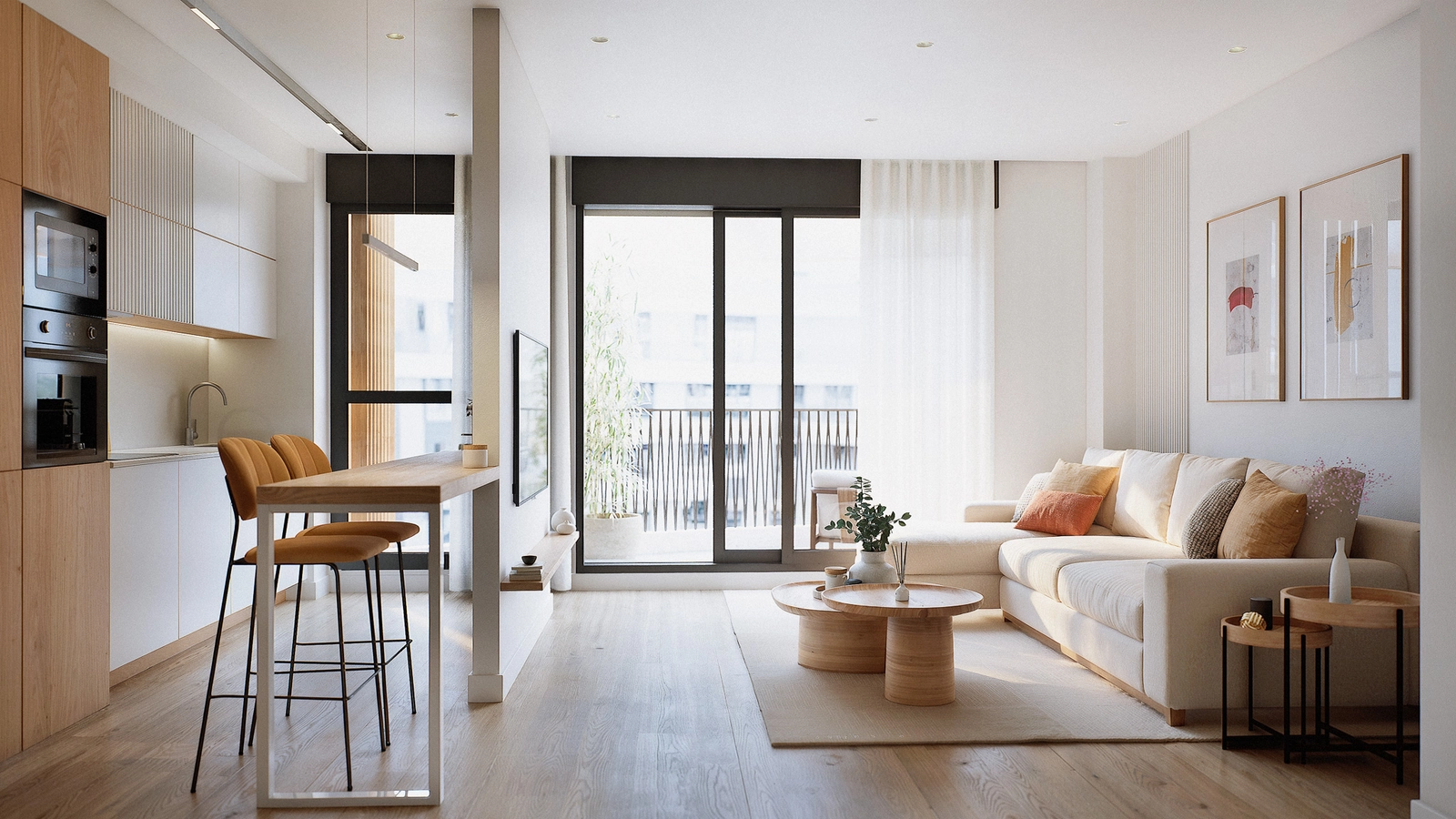 Ett öppet vardagsrum där det moderna köket, matplatsen och loungen flyter samman, vilket skapar en känsla av rymd och ljus.