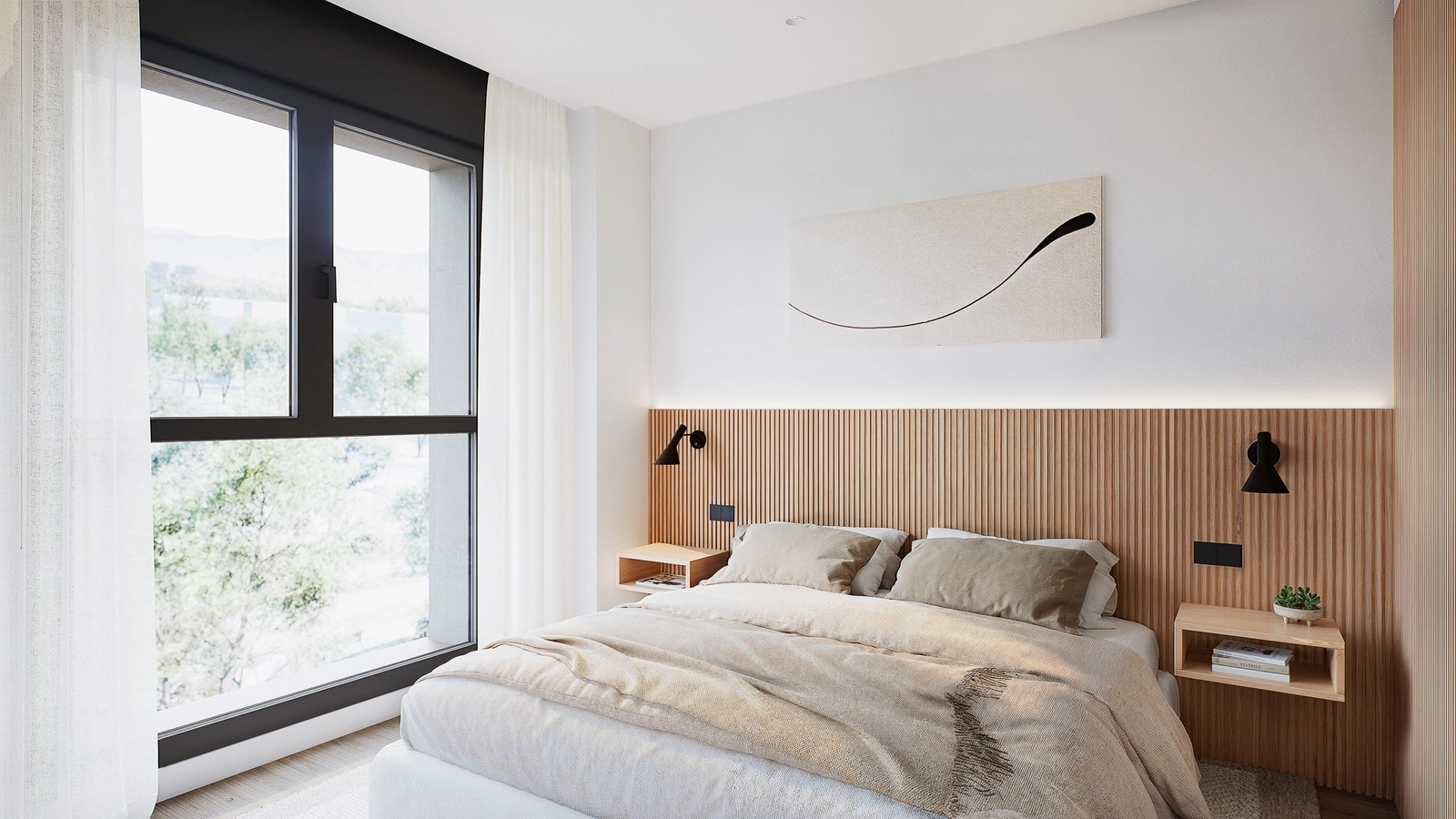 Master sovrummet, en lugn tillflyktsort designad med naturliga material och direkt tillgång till dagsljus.