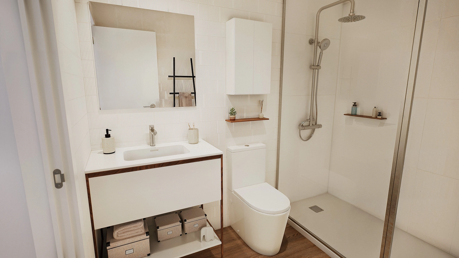 Ett stilrent och funktionellt badrum med högkvalitativa material och modern design.