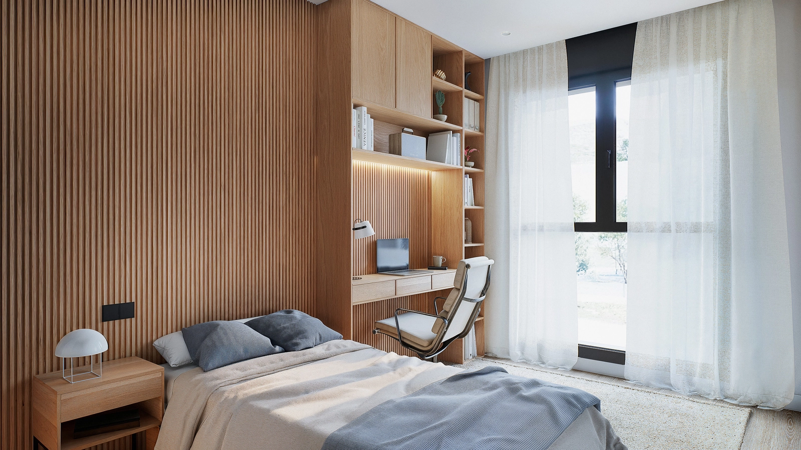 Ett välutformat andra sovrum, komplett med ett integrerat skrivbord och förvaring, perfekt för familj eller hemmakontor.