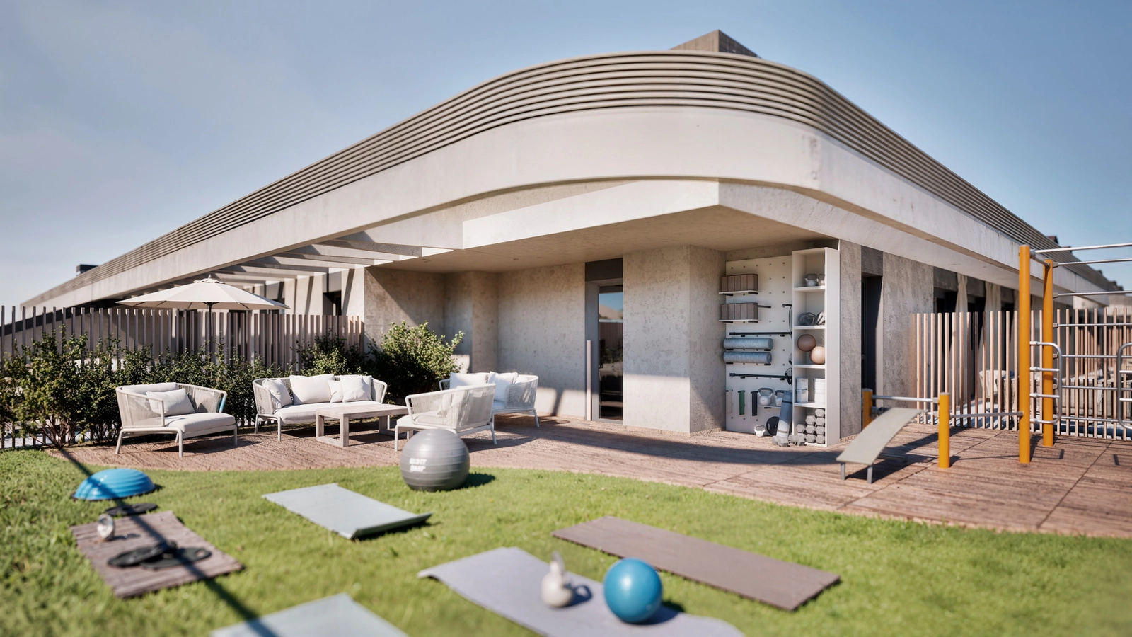 Takets 'Flex Zone', ett utomhusutrymme för yoga och calisthenics, designat för hälsa och välbefinnande.