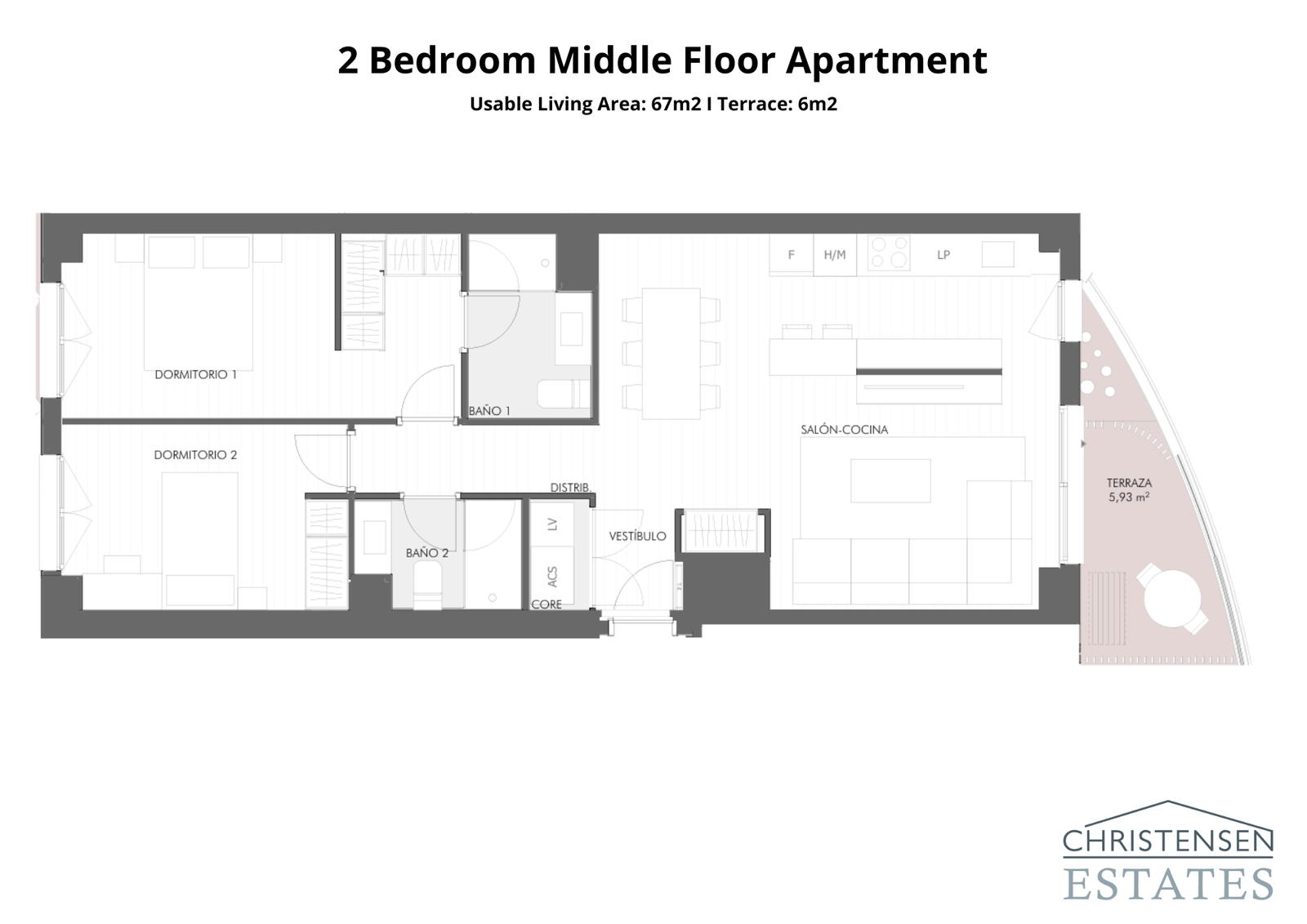 Planlösning för lägenhet med två sovrum, som erbjuder en smart layout som separerar sovutrymmen från det öppna vardagsrummet för ökad komfort.