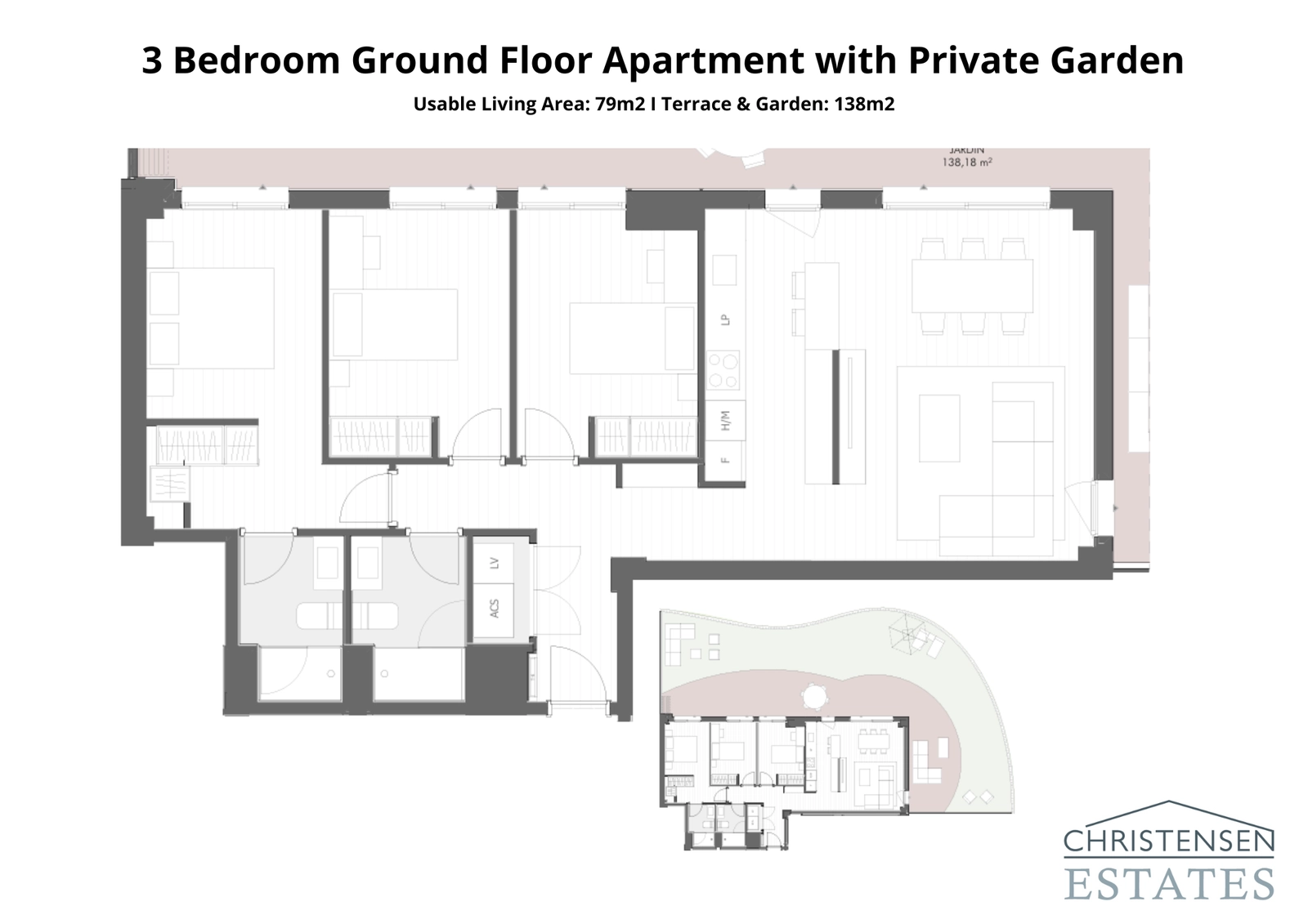 Planlösning för lägenhet med tre sovrum på bottenvåningen, med direkt tillgång till en generös terrass och en privat trädgård, vilket utökar bostadsytan utomhus.