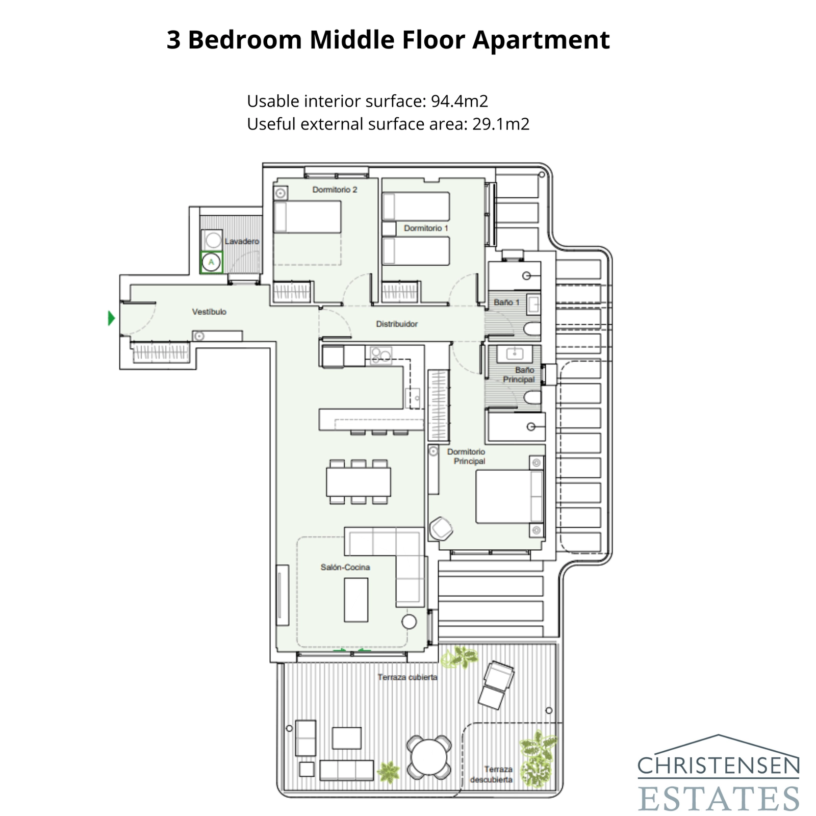 Denna lägenhet med tre sovrum erbjuder en smart planlösning med generösa utrymmen inomhus och utomhus.