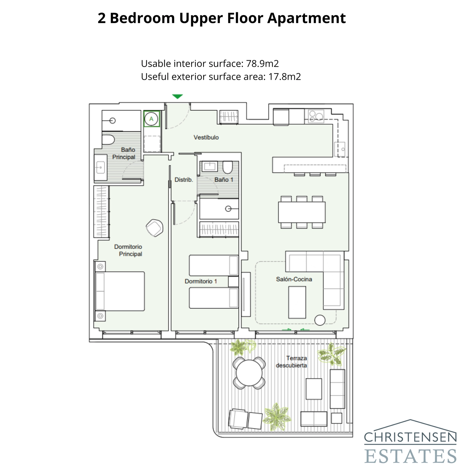 En elegant lägenhetsplanlösning med två sovrum, designad för att maximera ljus och utsikt från terrassen.
