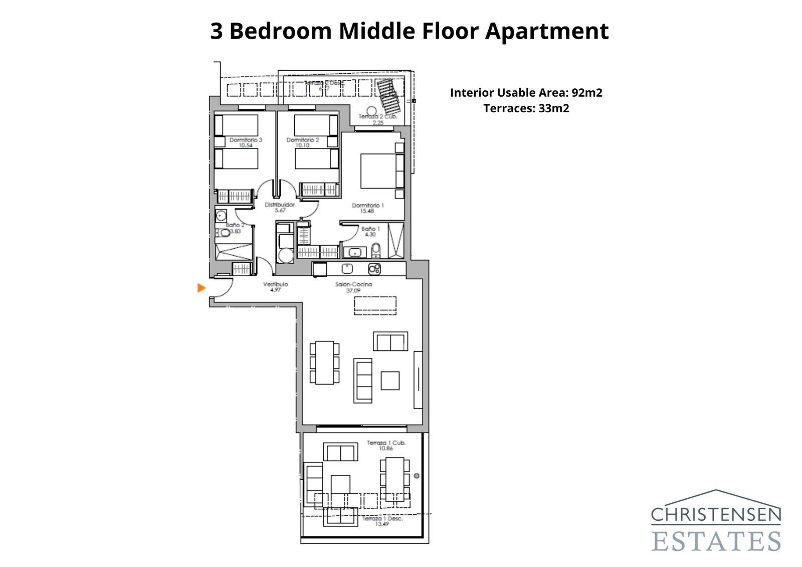 Lägenhet med tre sovrum på mellanvåningen – En välfördelad design som maximerar utrymme och naturligt ljus, med en stor terrass för att njuta av utsikten.