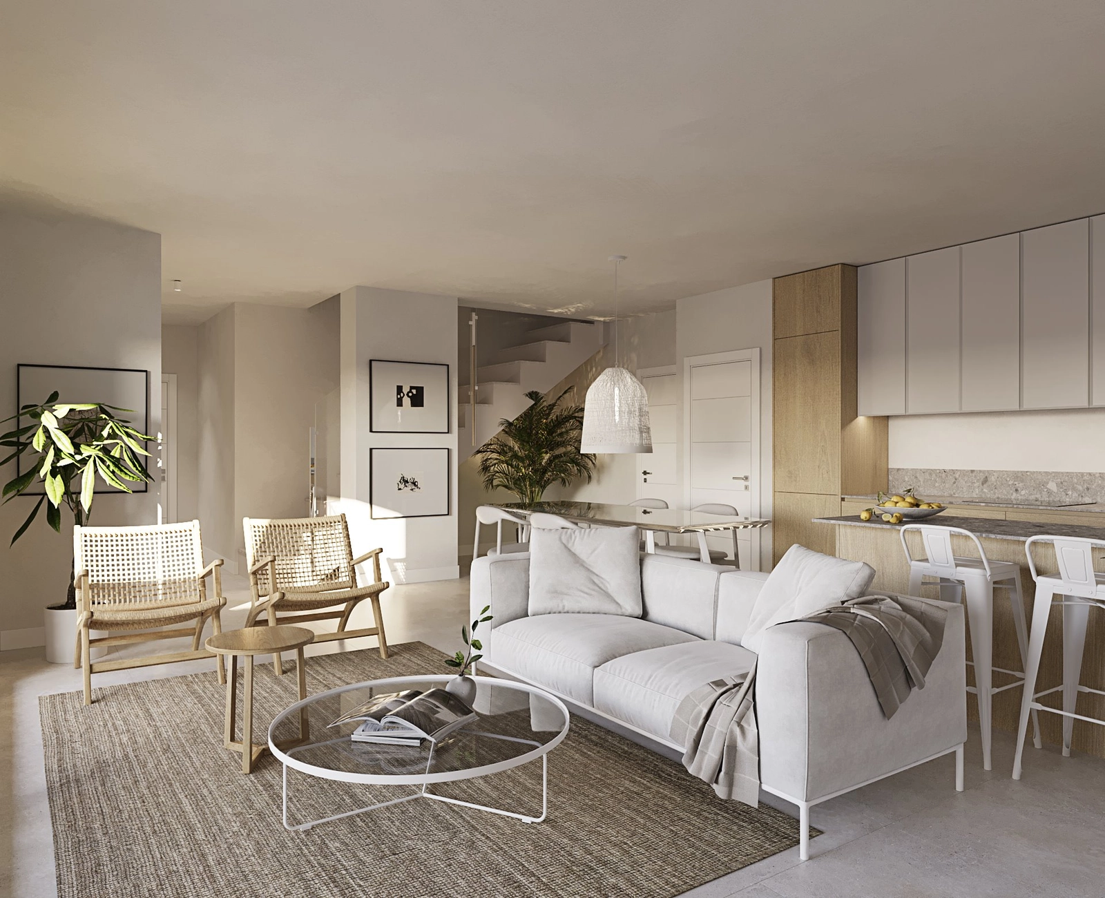 Ett ljust och inbjudande vardagsrum utformat för komfort och modernt boende.