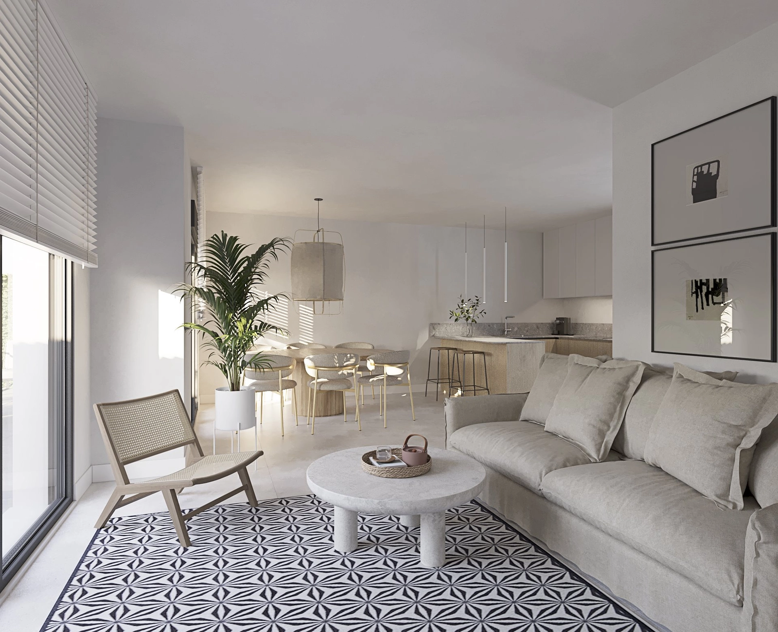 Vardagsrummet och matplatsen med öppen planlösning flyter sömlöst ihop och skapar en perfekt yta för umgänge.