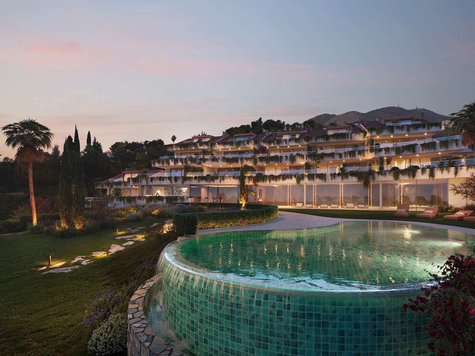 När kvällen kommer är bostäderna vackert upplysta och skapar en varm och exklusiv atmosfär.