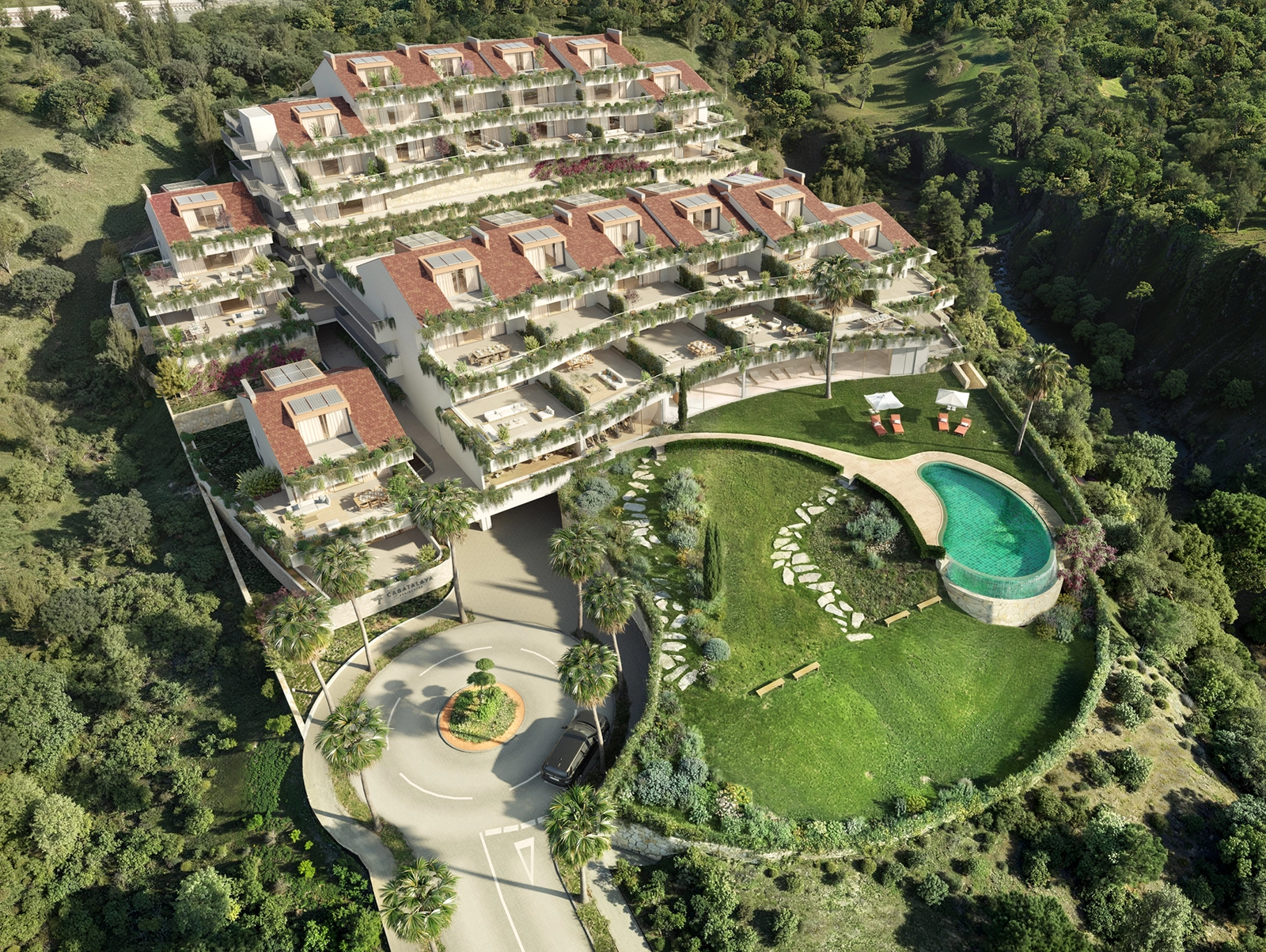 En imponerande utsikt över hela området, som framhäver dess unika terrasserade arkitektur och gröna omgivningar.