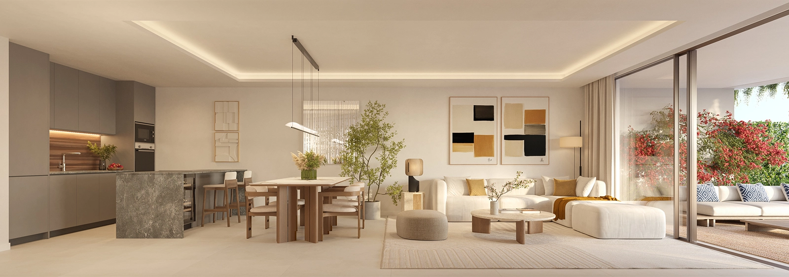 Rymliga, öppna vardagsrum utformade för komfort, som smidigt leder ut till terrassen.