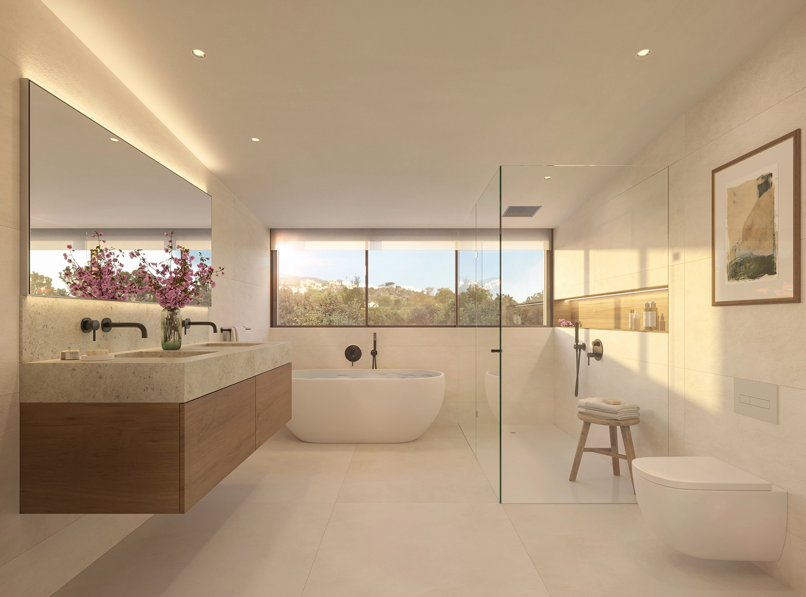 Ett sofistikerat badrum med högkvalitativa material och en lugn, spa-liknande atmosfär.