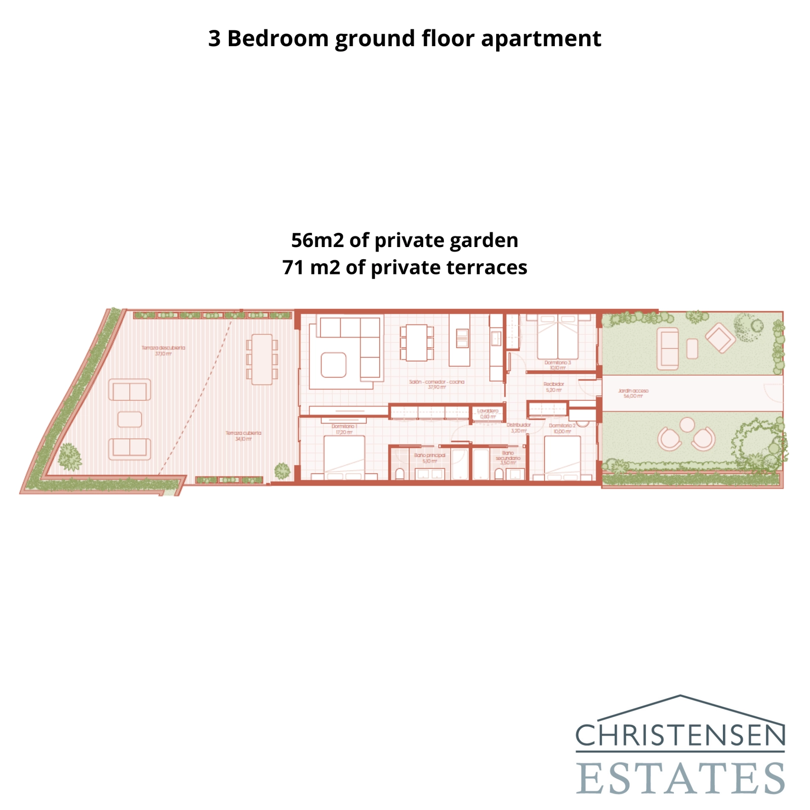 Denna lägenhet på bottenvåningen med tre sovrum erbjuder rymliga interiörer som ansluter till en generös terrass och privat trädgård, perfekt för utomhusliv.