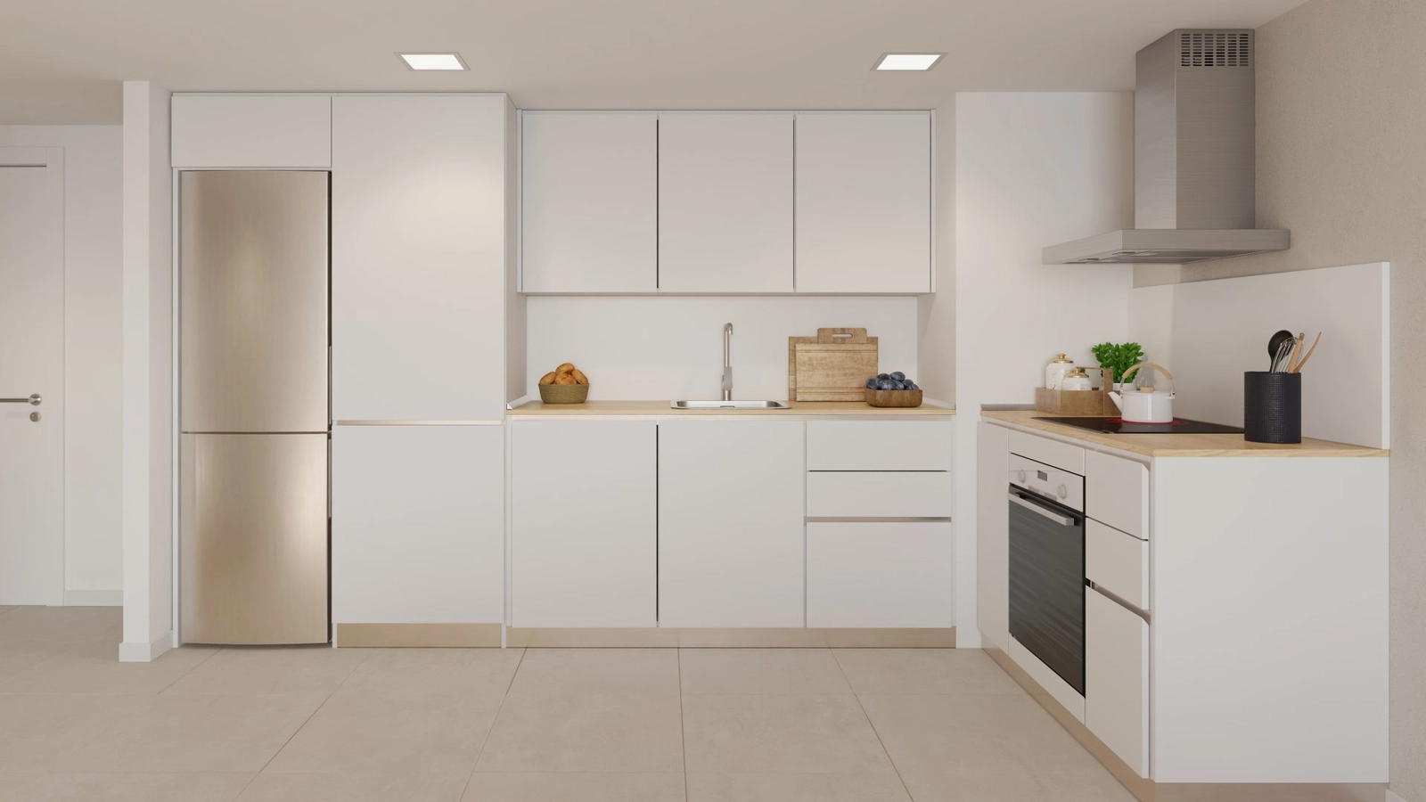 Modernt, fullt utrustat kök med högkvalitativa vitvaror och rena, moderna linjer.