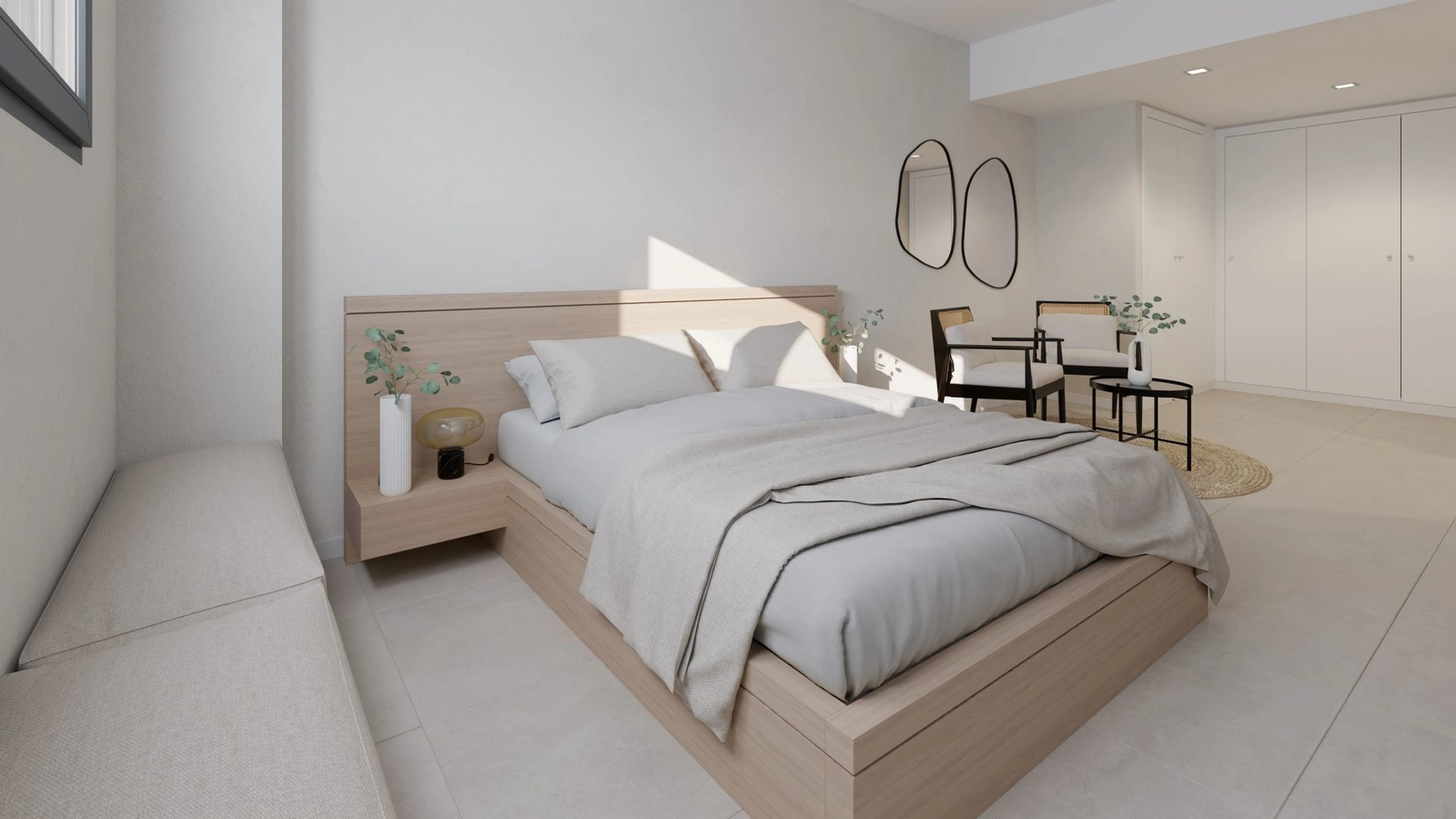 Det rofyllda master sovrummet, en fridfull tillflyktsort med en lugn och modern design.