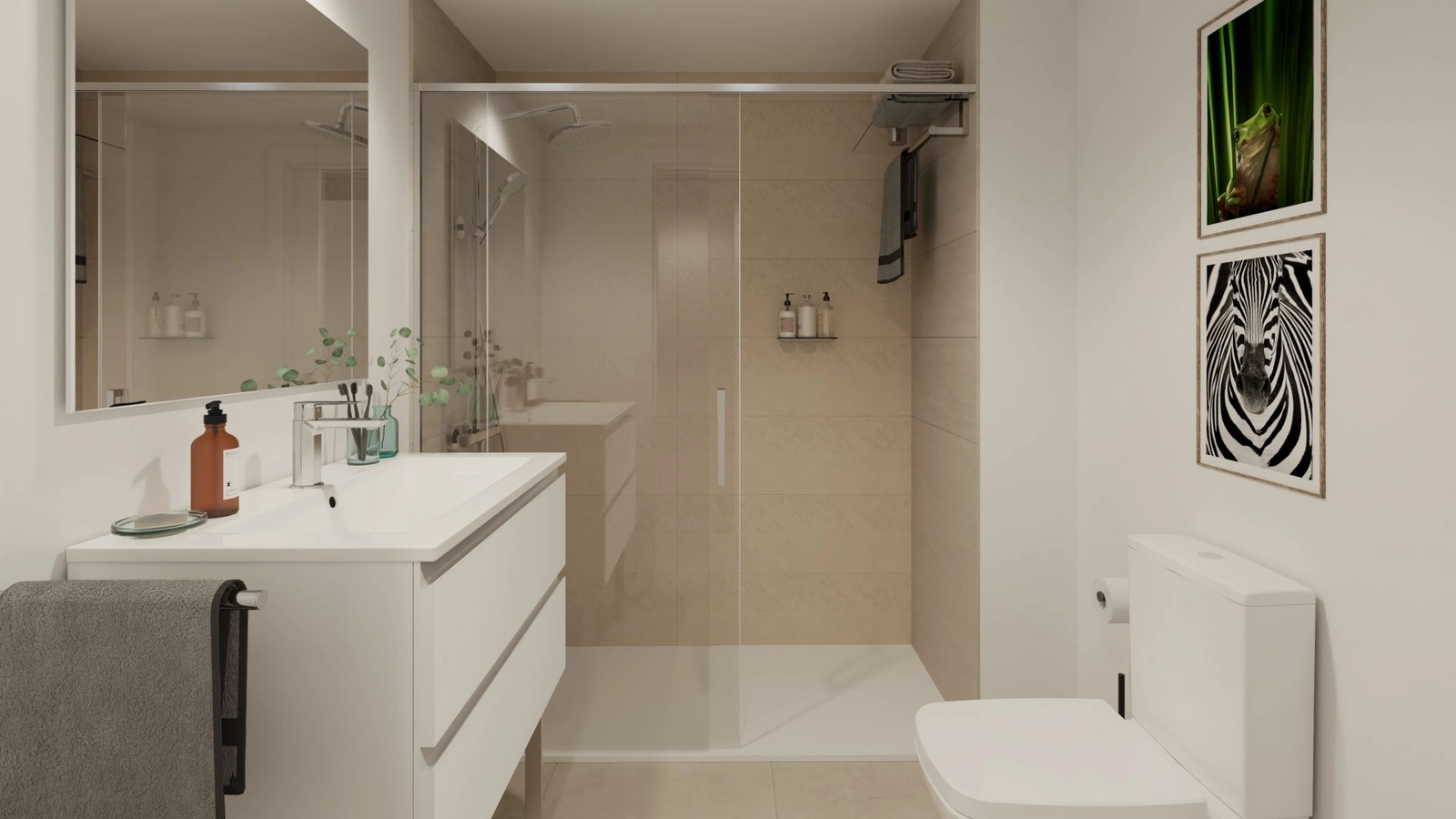 Ett stilrent huvudbadrum med en walk-in-dusch och förstklassiga ytskikt.