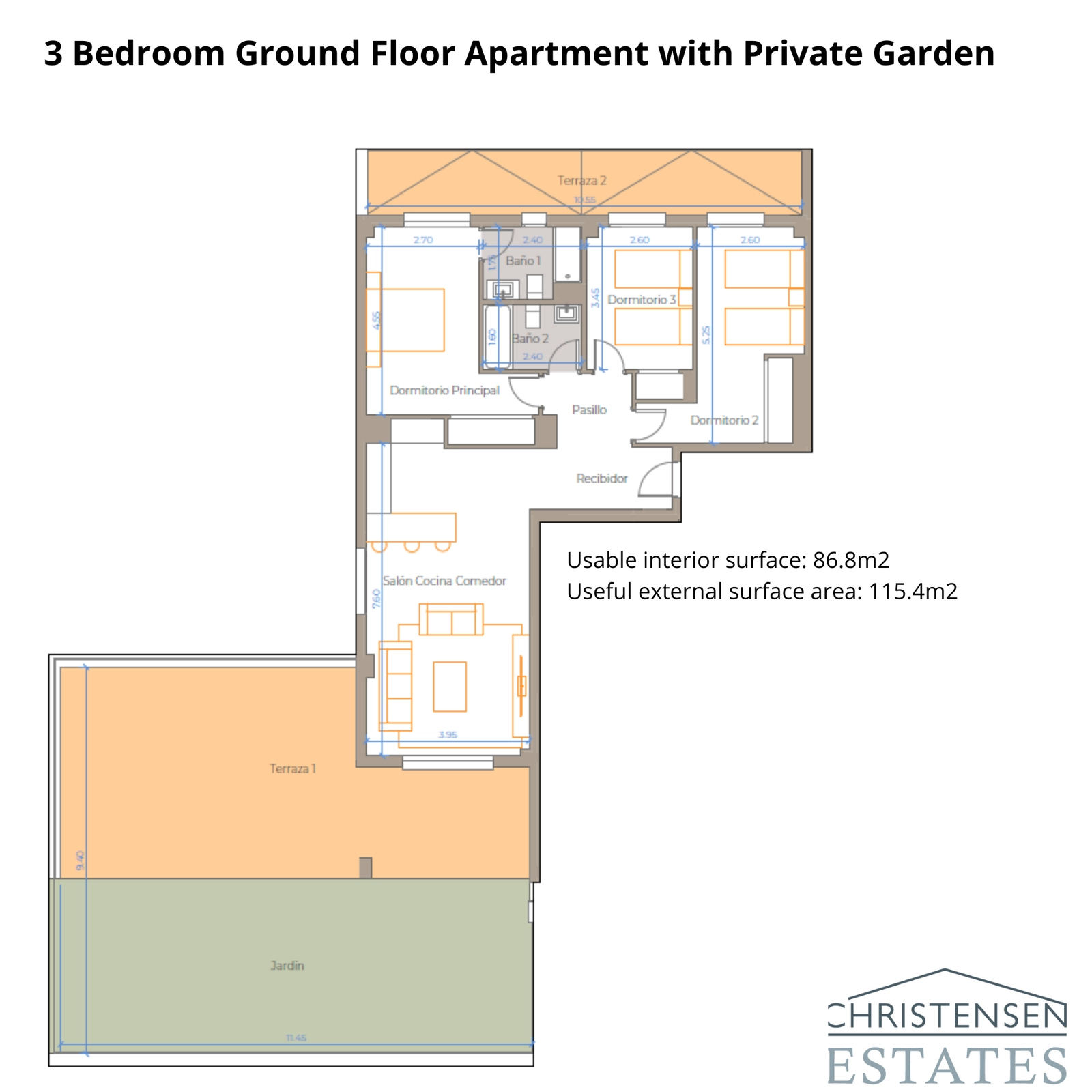Denna bottenvåningsplan med tre sovrum visar generösa sällskapsytor som flödar ut till en stor terrass och trädgård.