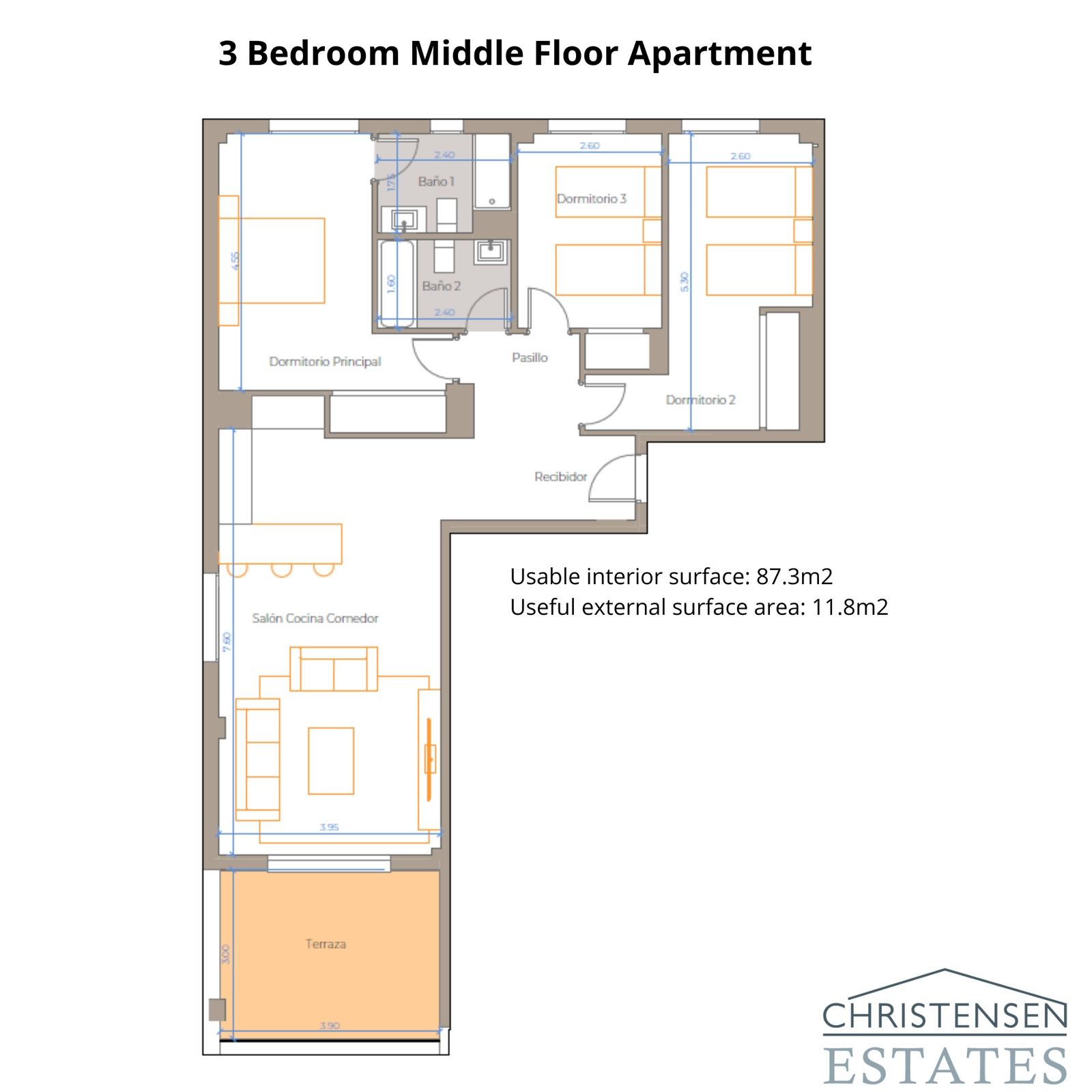 En välutformad lägenhetsplanlösning med tre sovrum, som optimerar utrymme, ljus och tillgång till en privat terrass.