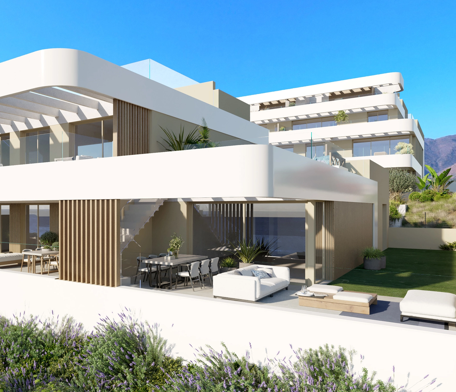 Modern arkitektur med eleganta linjer, designad för att smälta in i den naturliga omgivningen och maximera komforten.