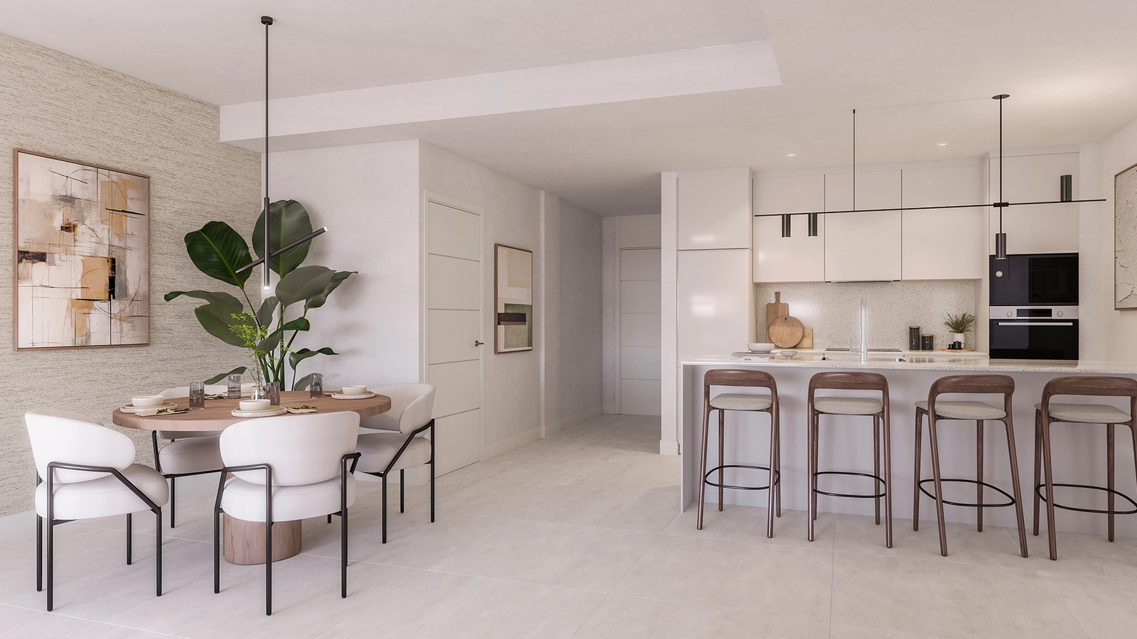 Ett kök och matplats med öppen planlösning, fullt utrustat med högkvalitativa vitvaror för ett modernt boende.