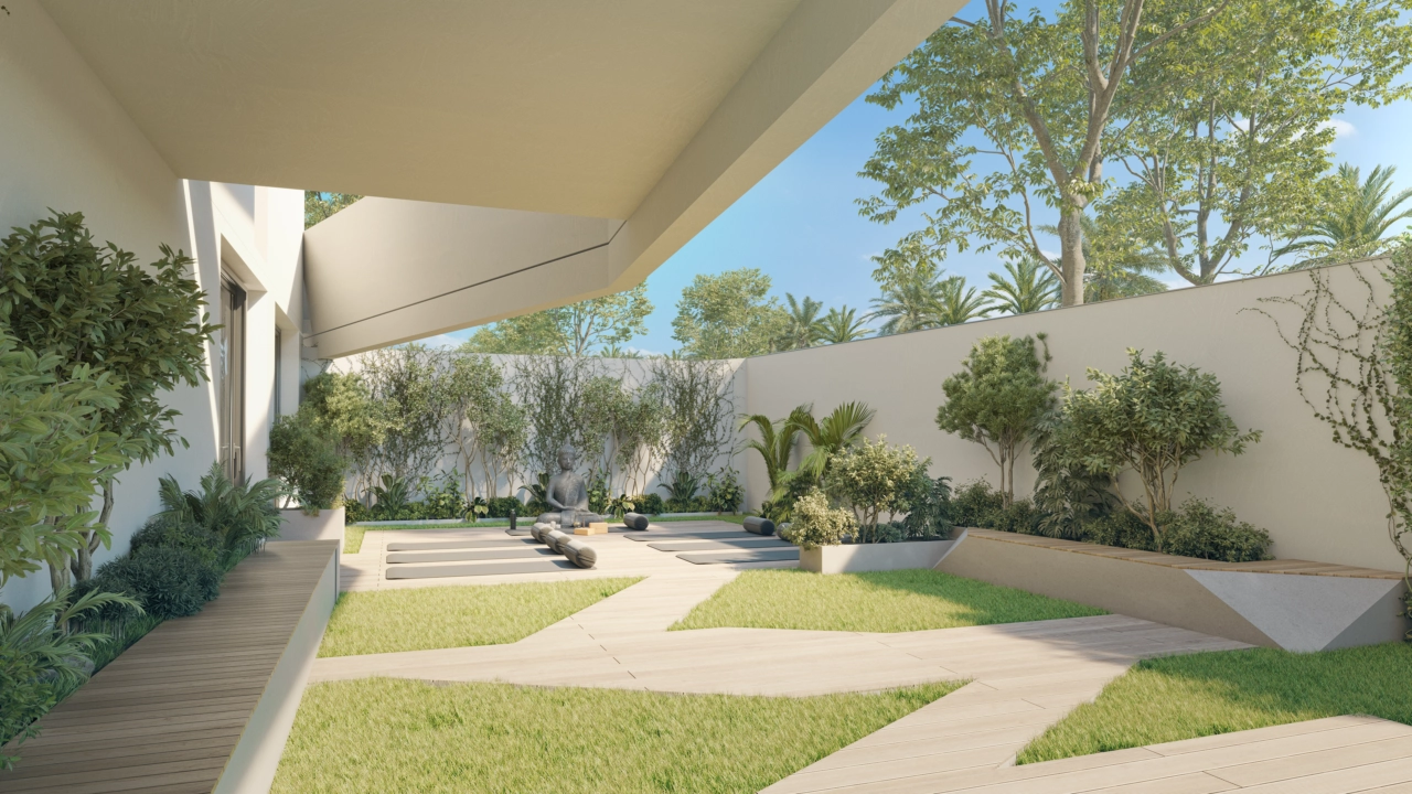 Hitta din balans och lugn i den dedikerade utomhuszonen för mindfulness och yoga, omgiven av grönska.