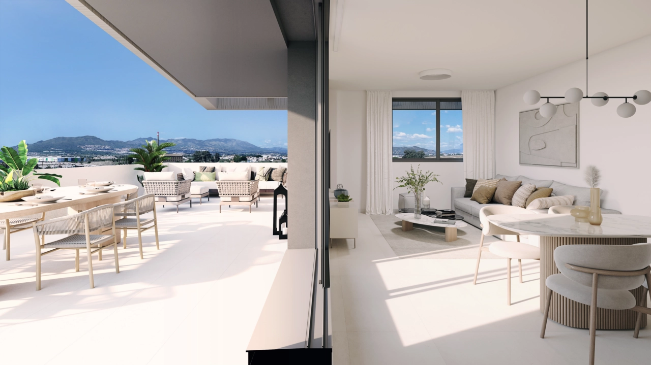 Ljusa och rymliga vardagsrum som smidigt ansluter till utomhusterrasserna, vilket skapar ett perfekt flöde mellan inomhus och utomhus.