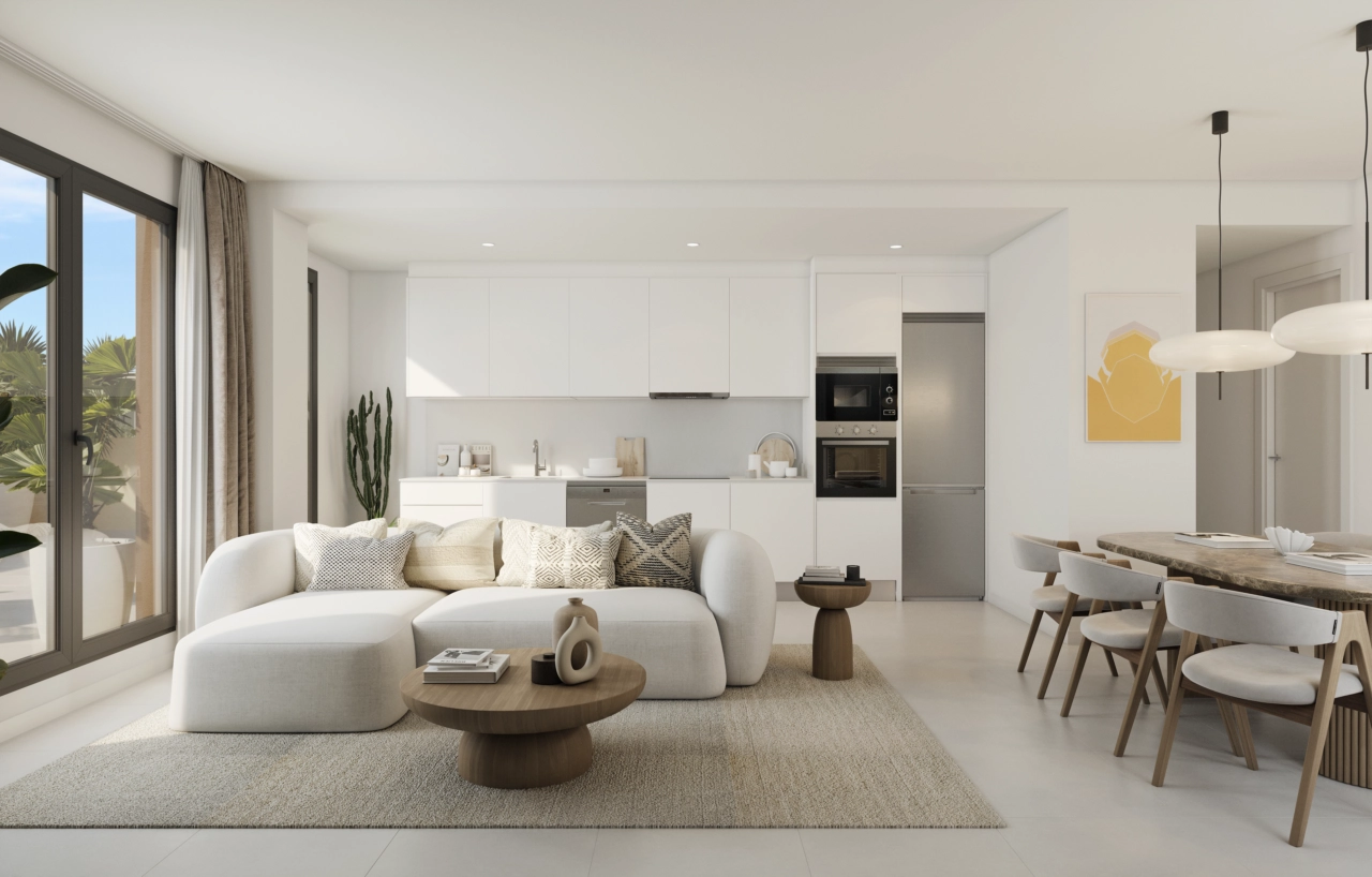 Moderna kök med öppen planlösning är fullt utrustade och utformade för att vara hjärtat i ditt nya hem i Malaga.