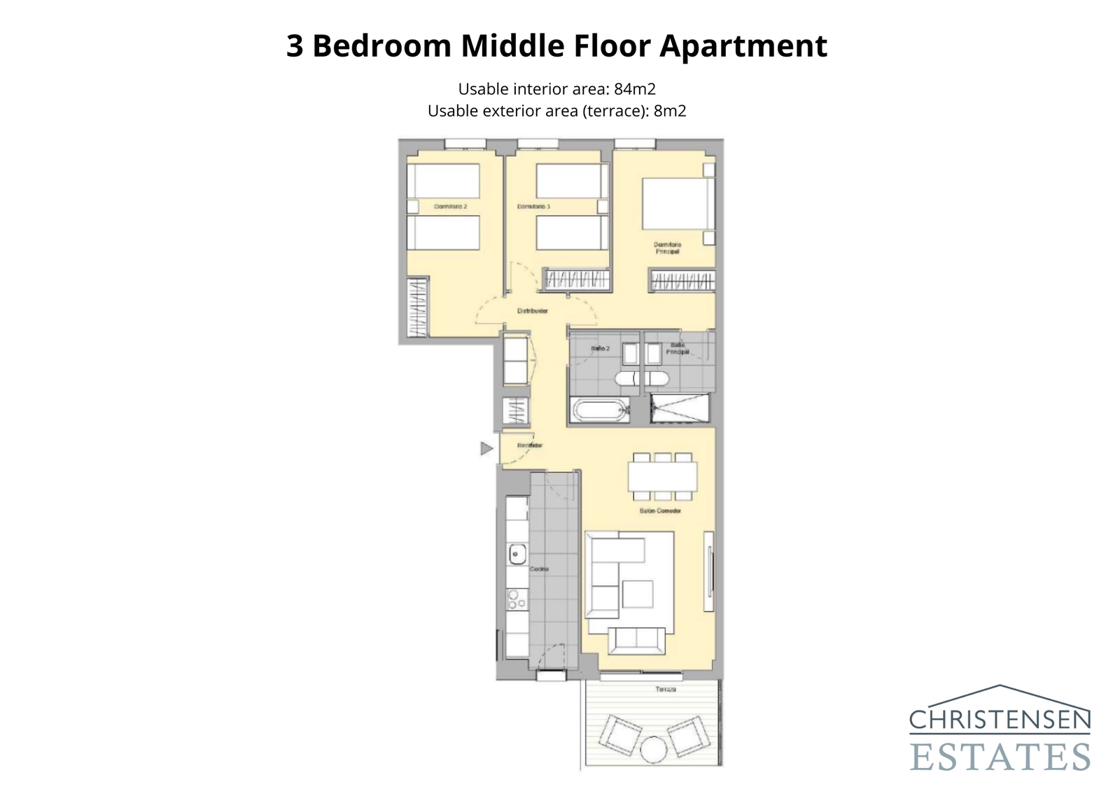 Trerumslägenhet – En familjevänlig design med tydlig separation mellan vardagsrums- och sovrumsdelar för komfort och avskildhet.