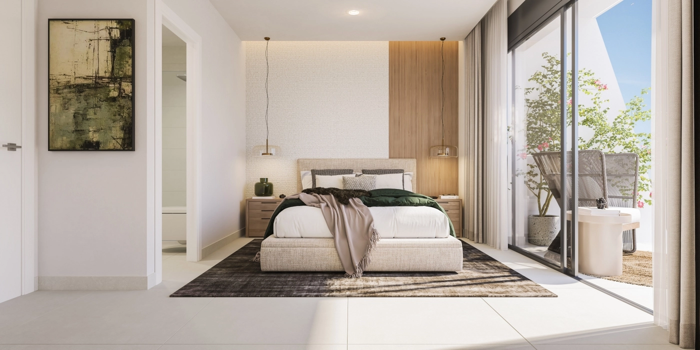 Master sovrummet är en fridfull tillflyktsort, fyllt med naturligt ljus och med direkt tillgång till en utomhusterrass.