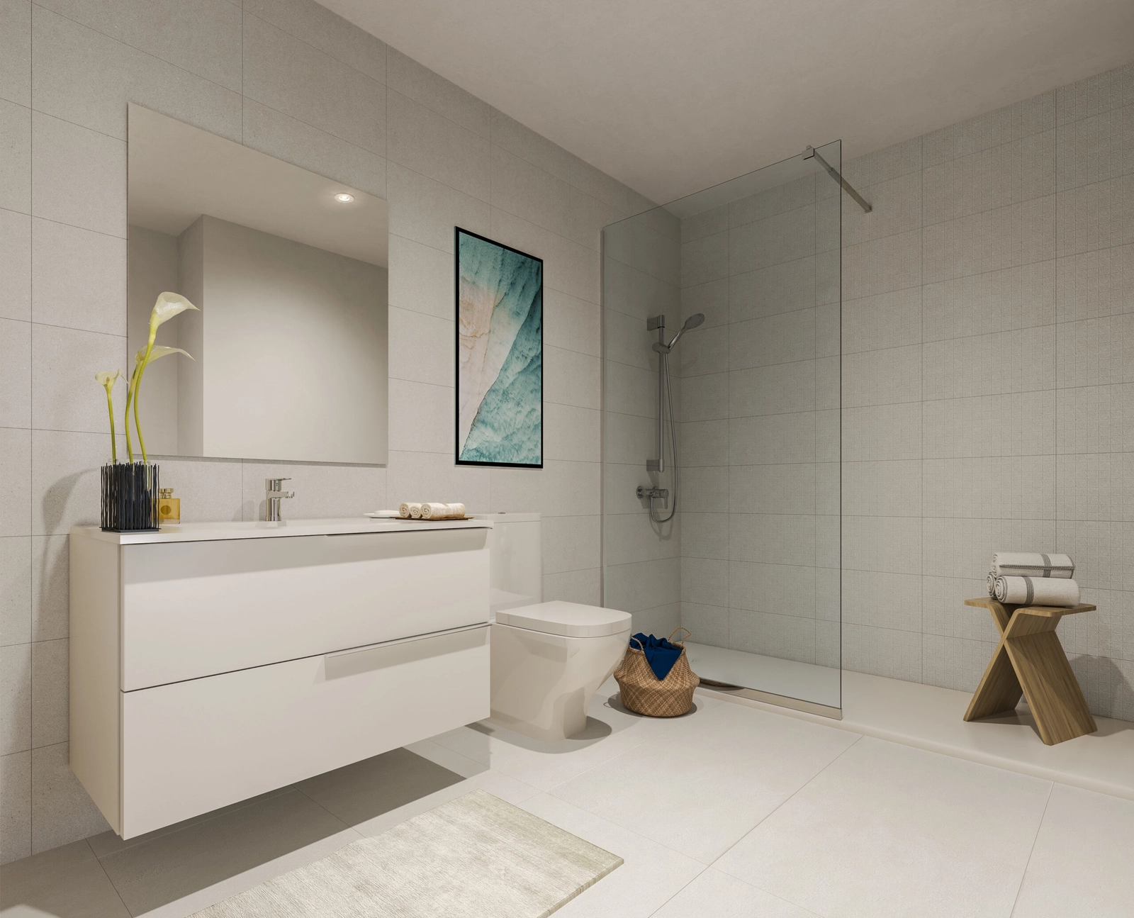 Moderna badrum designade med rena linjer och högkvalitativa material för en spa-liknande upplevelse.