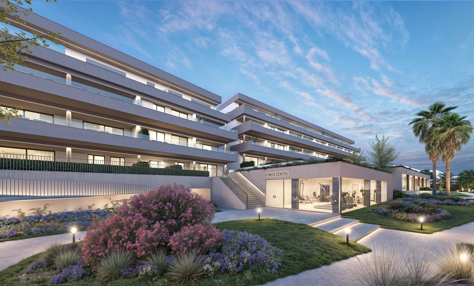 Det toppmoderna gymmet och de anlagda områdena i det exklusiva bostadsområdet.