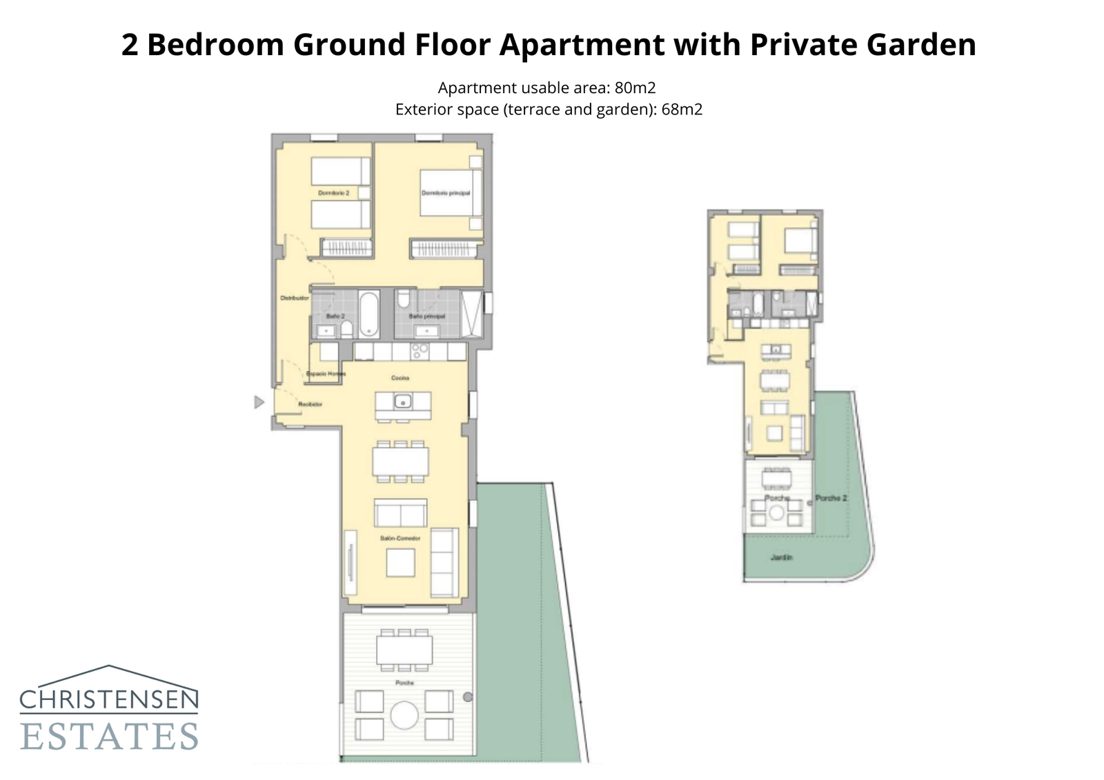 Denna bottenvåningslösning med två sovrum inkluderar en rymlig terrass och en privat trädgård, perfekt för familjer och underhållning utomhus.