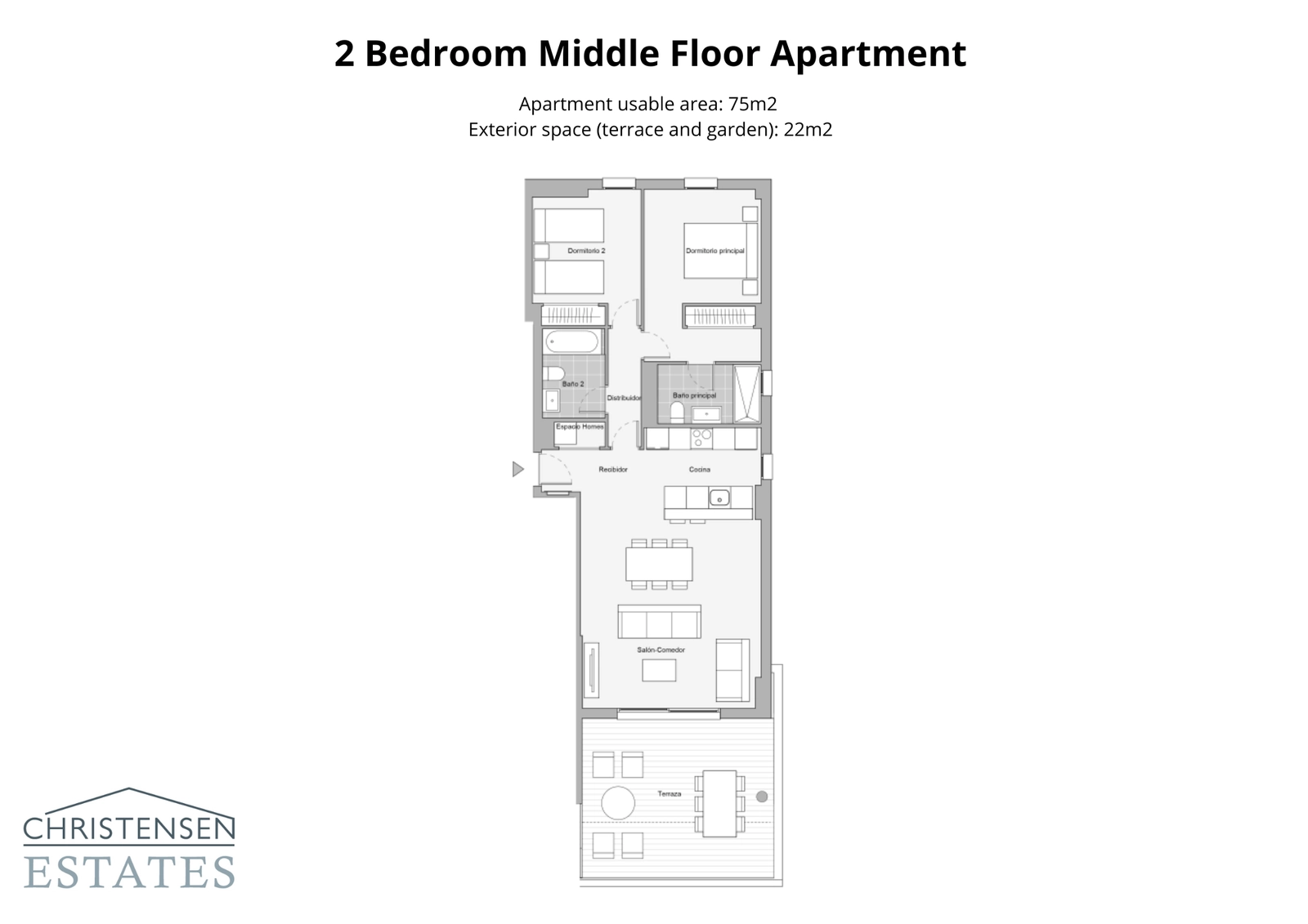 En välplanerad tvårumslägenhet som erbjuder ett bekvämt boende med två badrum och en stor terrass för avkoppling.