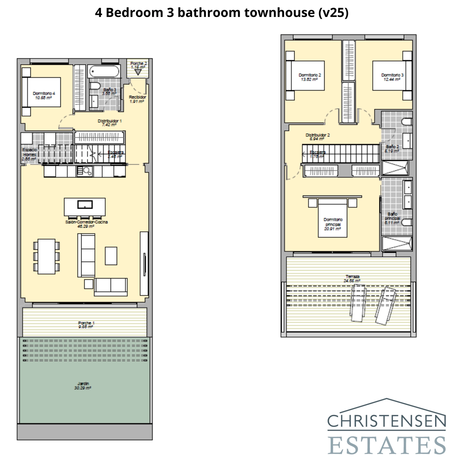 Planlösningen för radhuset med fyra sovrum erbjuder gott om utrymme för familjer, med väldefinierade vardagsrums- och sovrumsytor fördelade på två våningar.