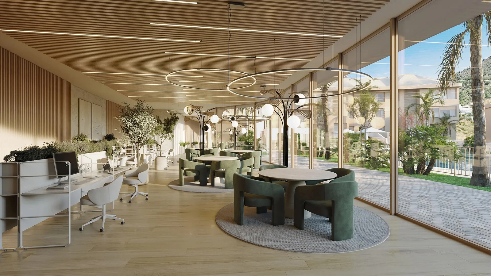 Co-working lounge där boende kan arbeta, träffas eller koppla av bekvämt.