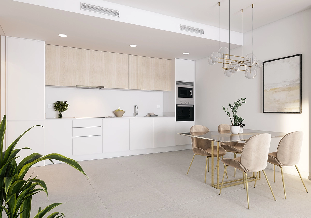 Det moderna köket är designat med stil och funktion, och har högkvalitativa vitvaror.