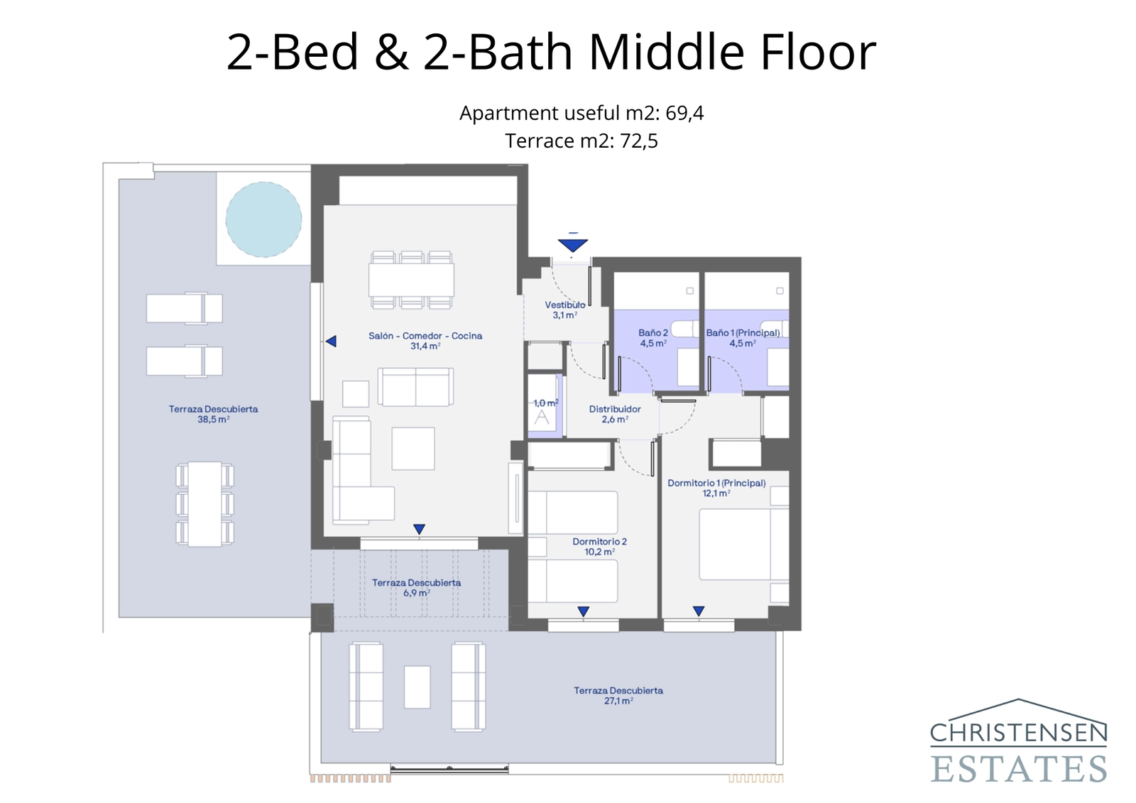 En väldesignad tvårumslägenhet på mellanvåningen med en stor terrass för att maximera utomhuslivet.