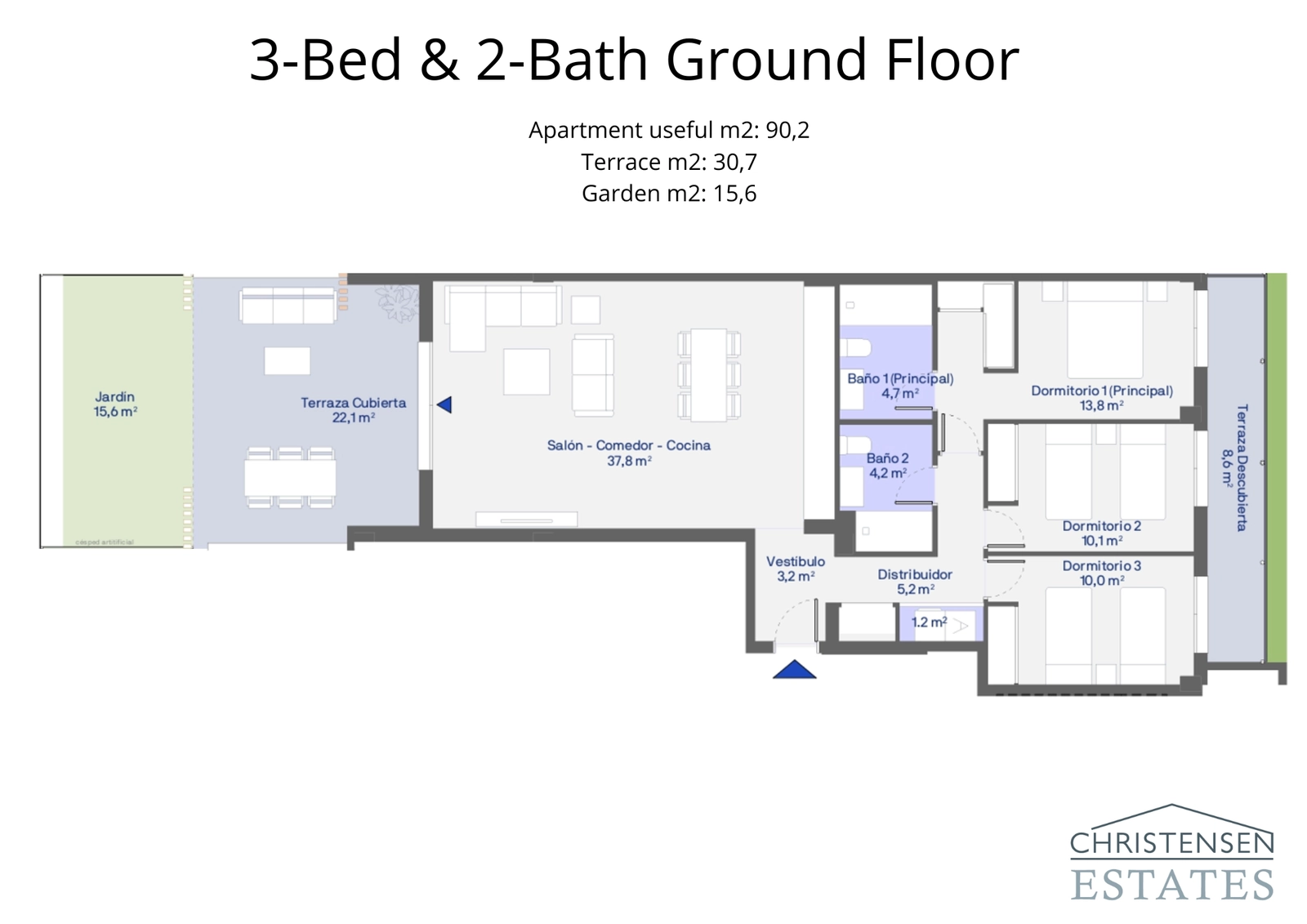 Trerumsbostaden på bottenvåningen erbjuder generösa boytor som sömlöst ansluter till en terrass och trädgård.