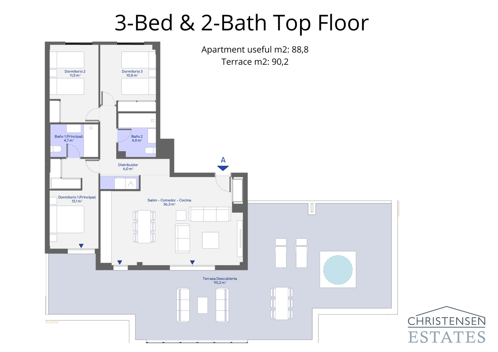 Denna trerumsplanlösning på översta våningen visar upp en imponerande öppen planlösning och en stor terrass som sträcker sig runt.