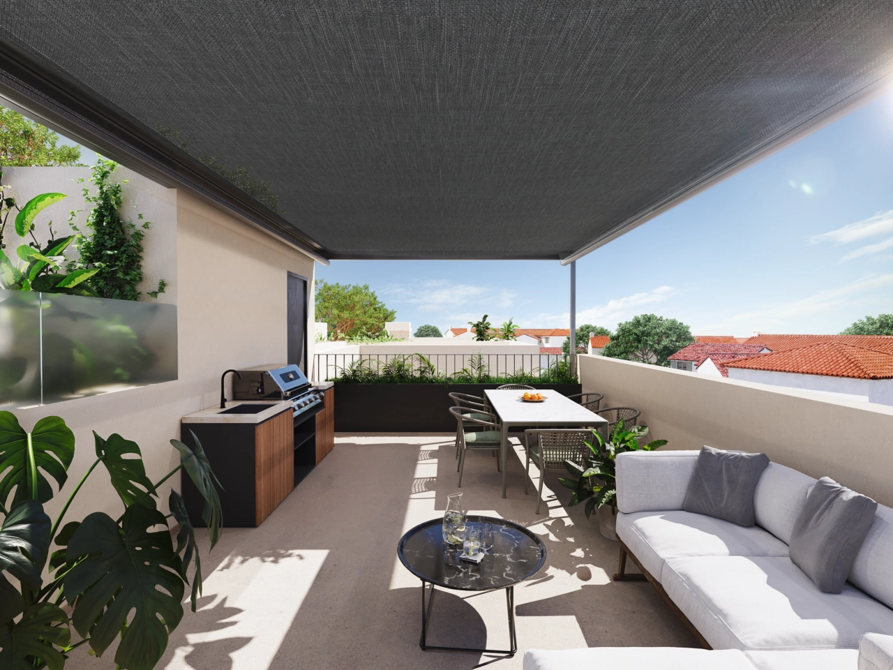 Det rymliga solariet är perfekt för middagar utomhus och underhållning av gäster.