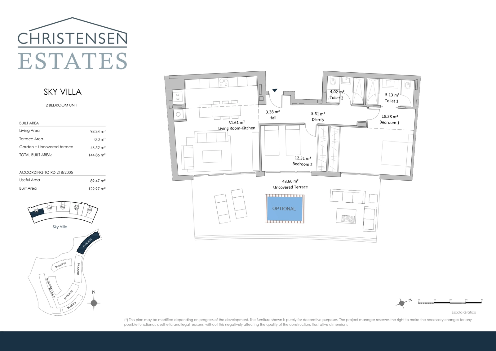 Takvåning med två sovrum (Sky Villa) – Elegant planlösning med en imponerande öppen terrass som erbjuder panoramautsikt över havet mot Benalmádena och Fuengirola.